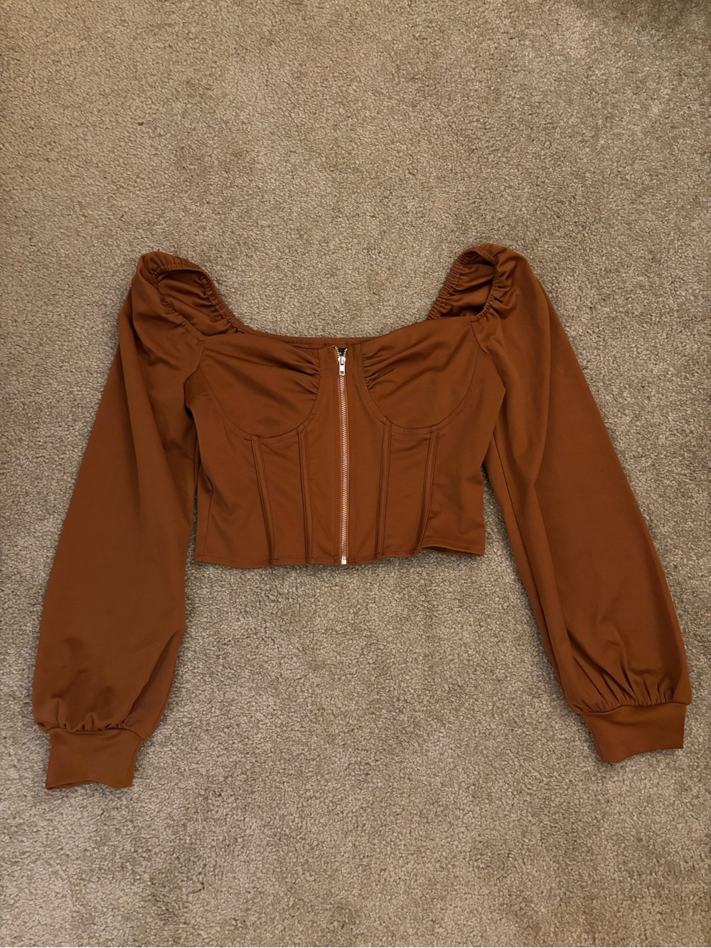 SHEIN Rust Brown Long Sleeve Zip-Front Corset Top - Size S